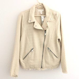 H&M Moto Style Jacket Blazer Womens Size 14 Ivory Knit Cropped Career Zipper NWT